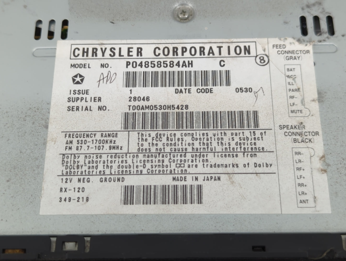 1998-2002 Chrysler Concorde Radio AM FM Cd Player Receiver Replacement P/N:P04858584AH Fits Fits 1998 1999 2000 2001 2002 OE