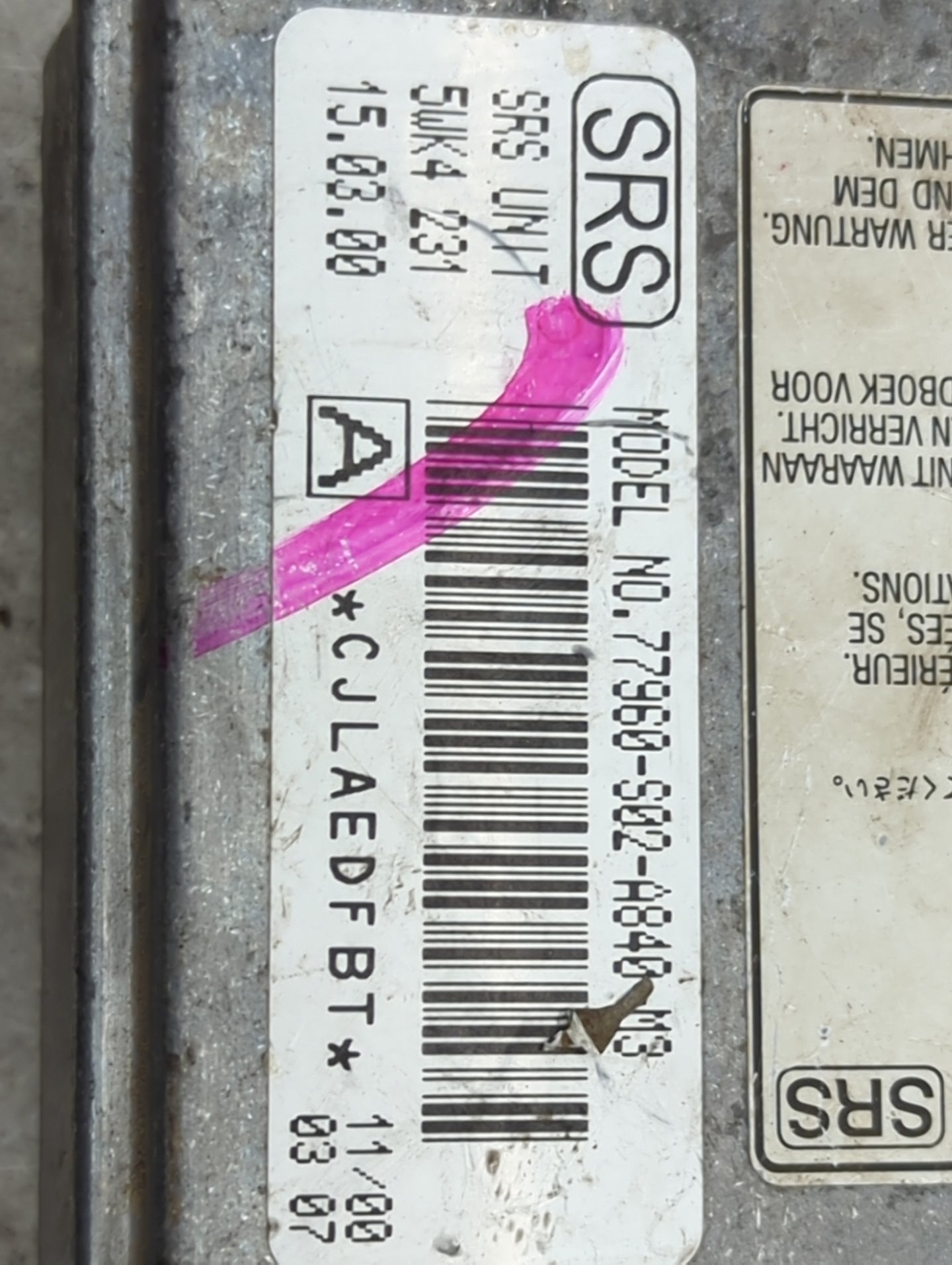 1997-2000 Honda Civic Safety Restraint Srs Airbag Control Module - Oemusedautoparts1.com