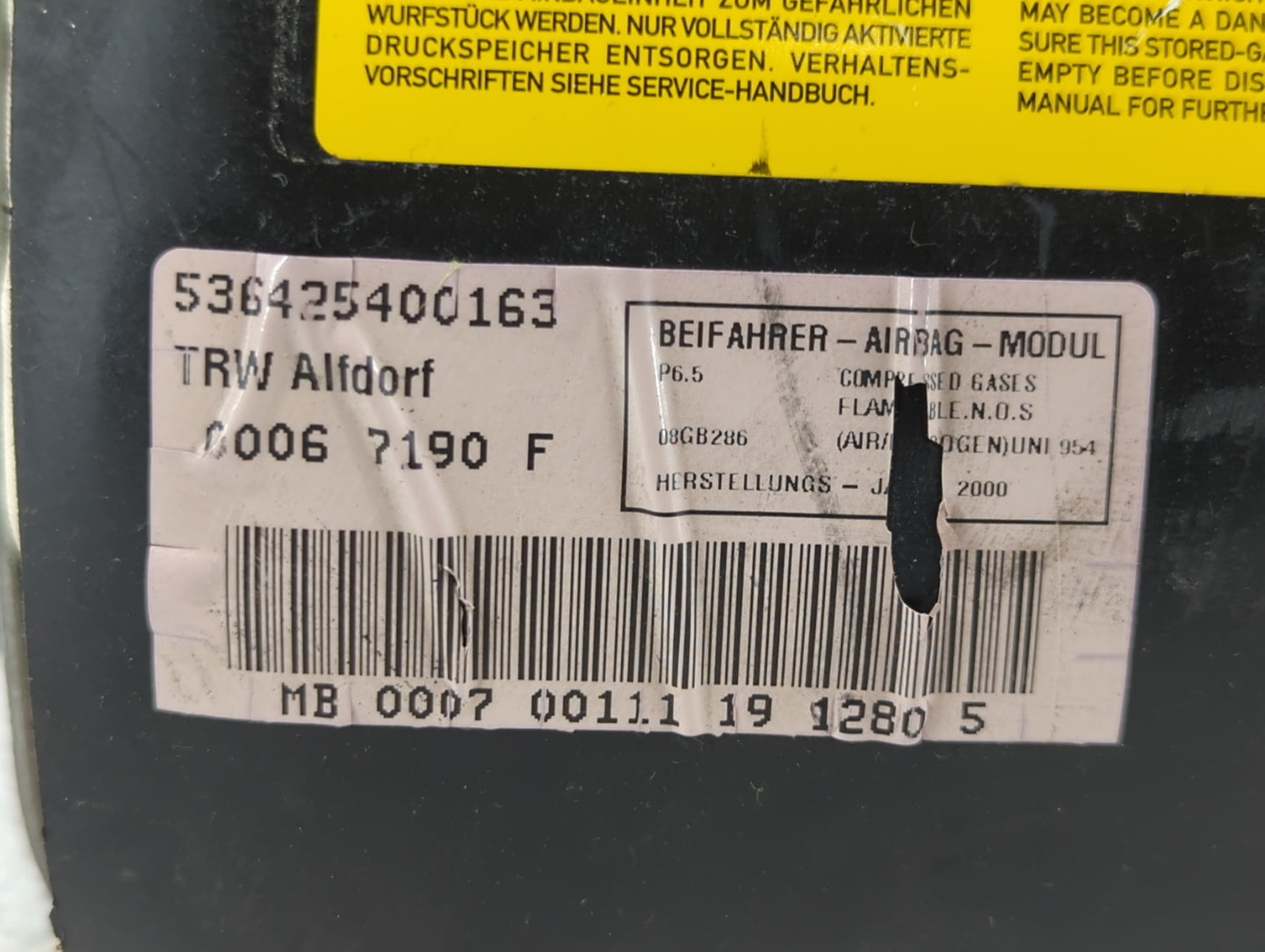 2000-2003 Mercedes-Benz E320 Air Bag Driver Left Knee OEM P/N:536425400163 0006 7190 F, BAM-PT1-1028 Fits Fits 2000 2001 200