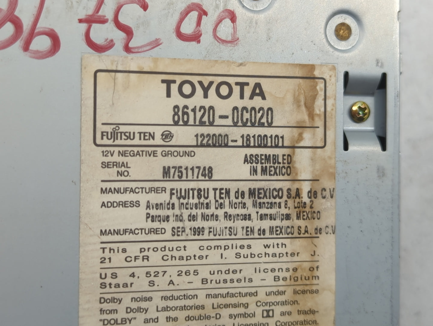 1999-2000 Toyota Sienna Radio AM FM Cd Player Receiver Replacement P/N:86120-0C020 Fits Fits 1999 2000 2001 2002 2003 OEM Us