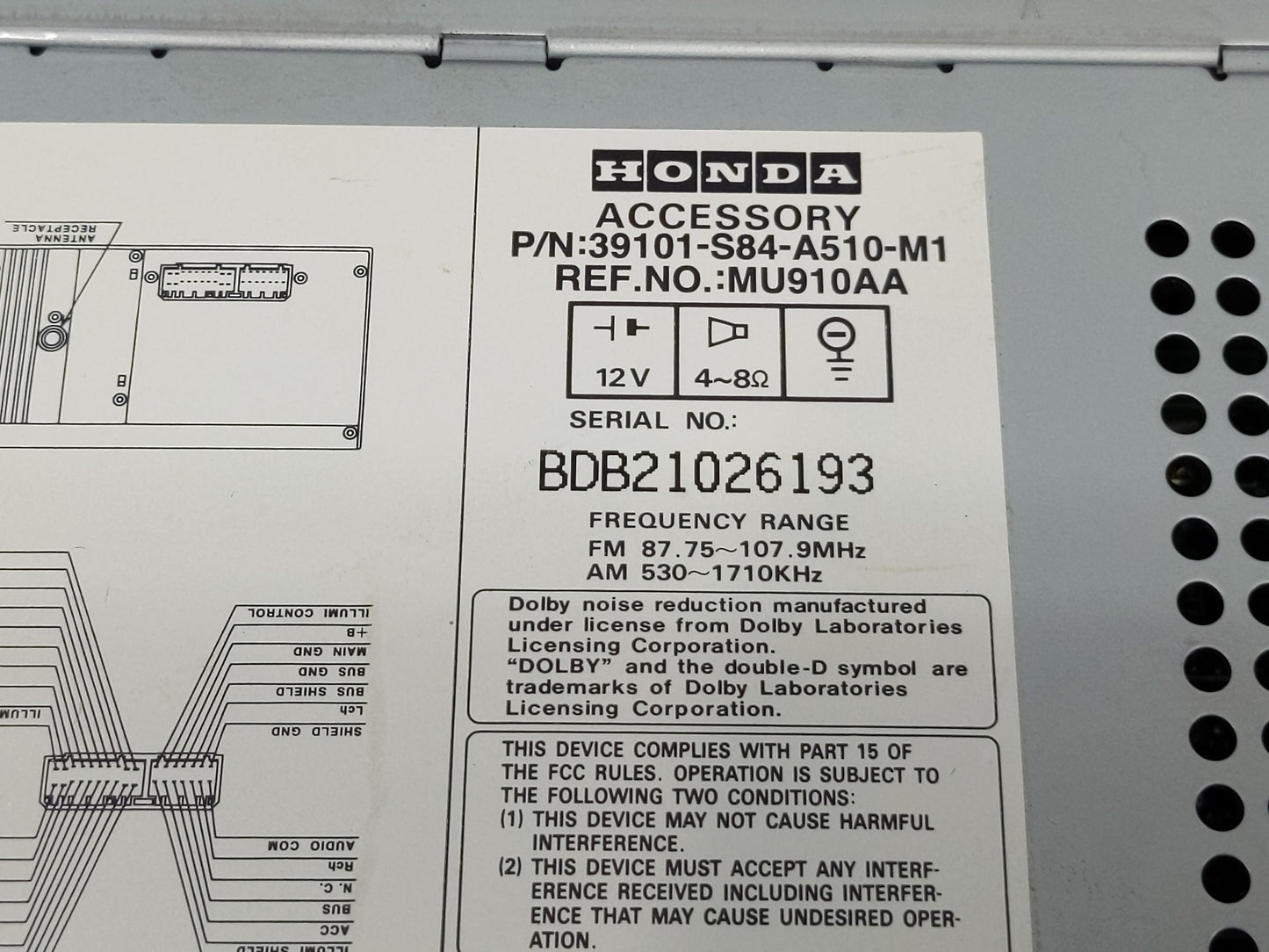 2001-2002 Honda Accord Radio AM FM Cd Player Receiver Replacement P/N:39101-S84-A510-M1 Fits Fits 2001 2002 OEM Used Auto Pa