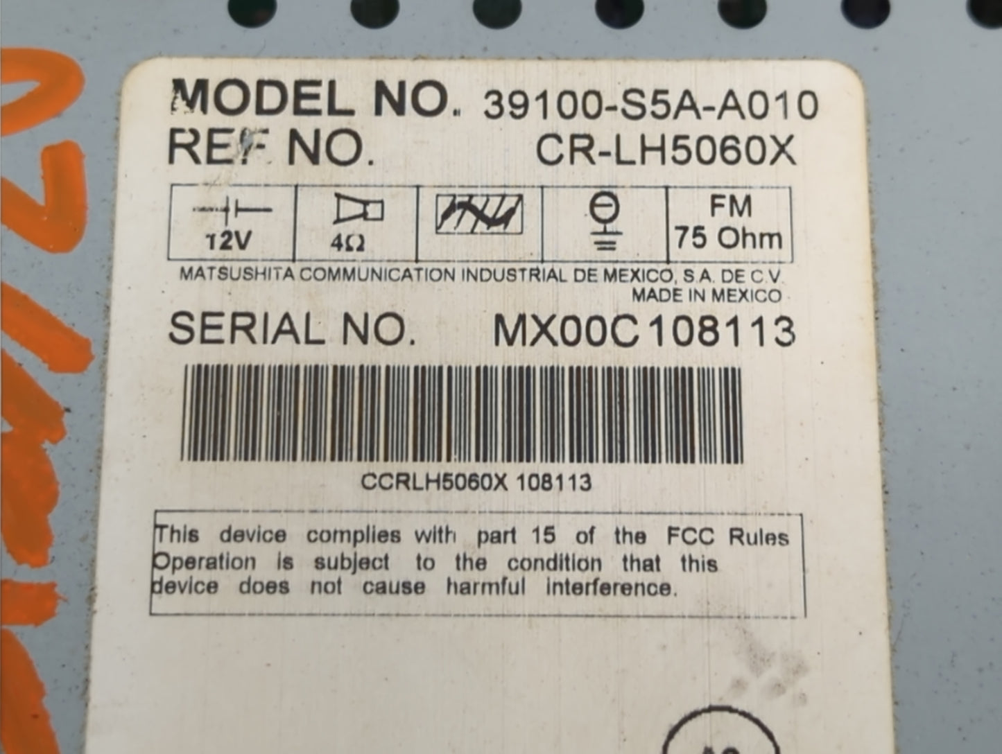 2001 Honda Civic Radio AM FM Cd Player Receiver Replacement P/N:CR-LH5060X 39100-S5A-A010 Fits OEM Used Auto Parts - Oemused