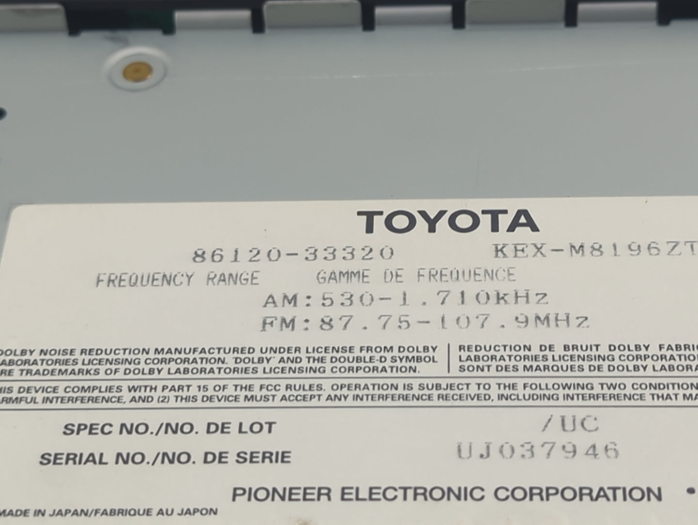 2000-2001 Lexus Es300 Radio AM FM Cd Player Receiver Replacement P/N:86120-33320 KEX-M8196ZT Fits Fits 2000 2001 OEM Used Au