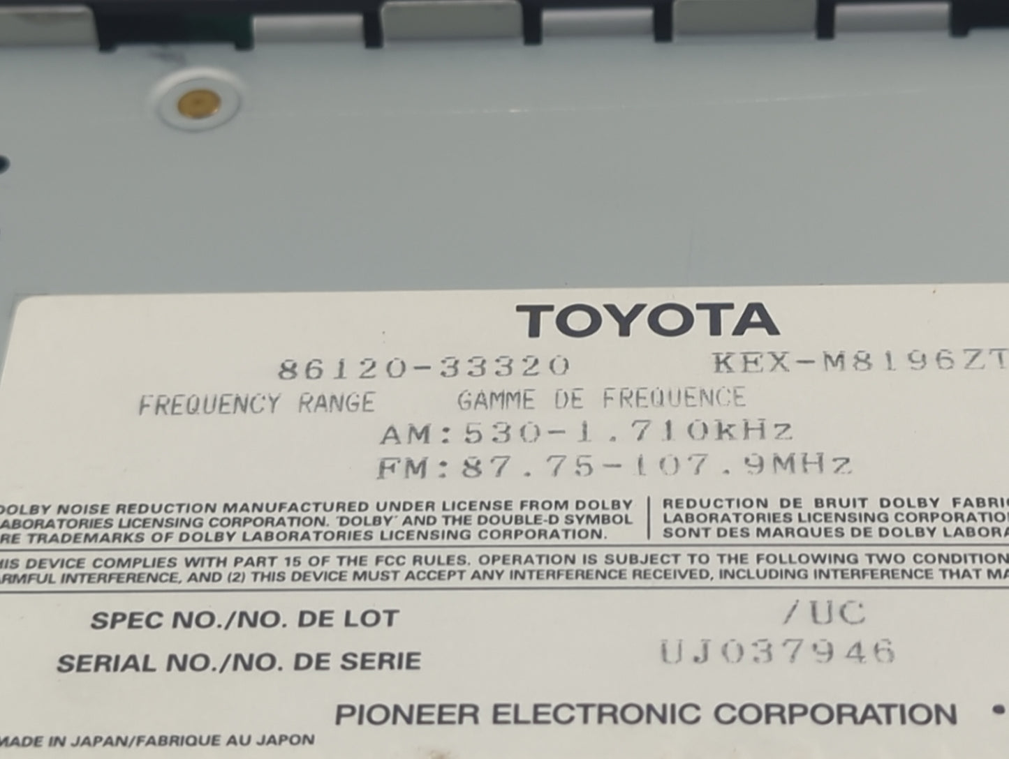 2000-2001 Lexus Es300 Radio AM FM Cd Player Receiver Replacement P/N:86120-33320 KEX-M8196ZT Fits Fits 2000 2001 OEM Used Au
