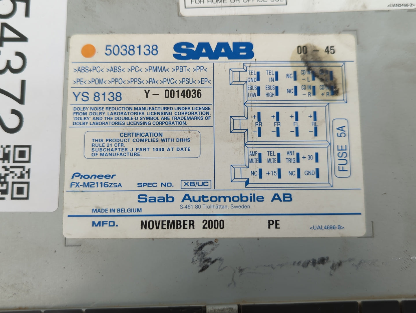 2001 Saab 9-5 Am Fm Cd Player Radio Receiver - Oemusedautoparts1.com