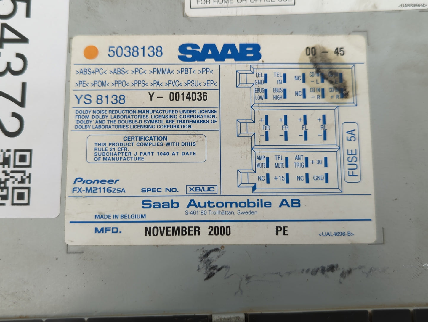 2001 Saab 9-5 Am Fm Cd Player Radio Receiver - Oemusedautoparts1.com
