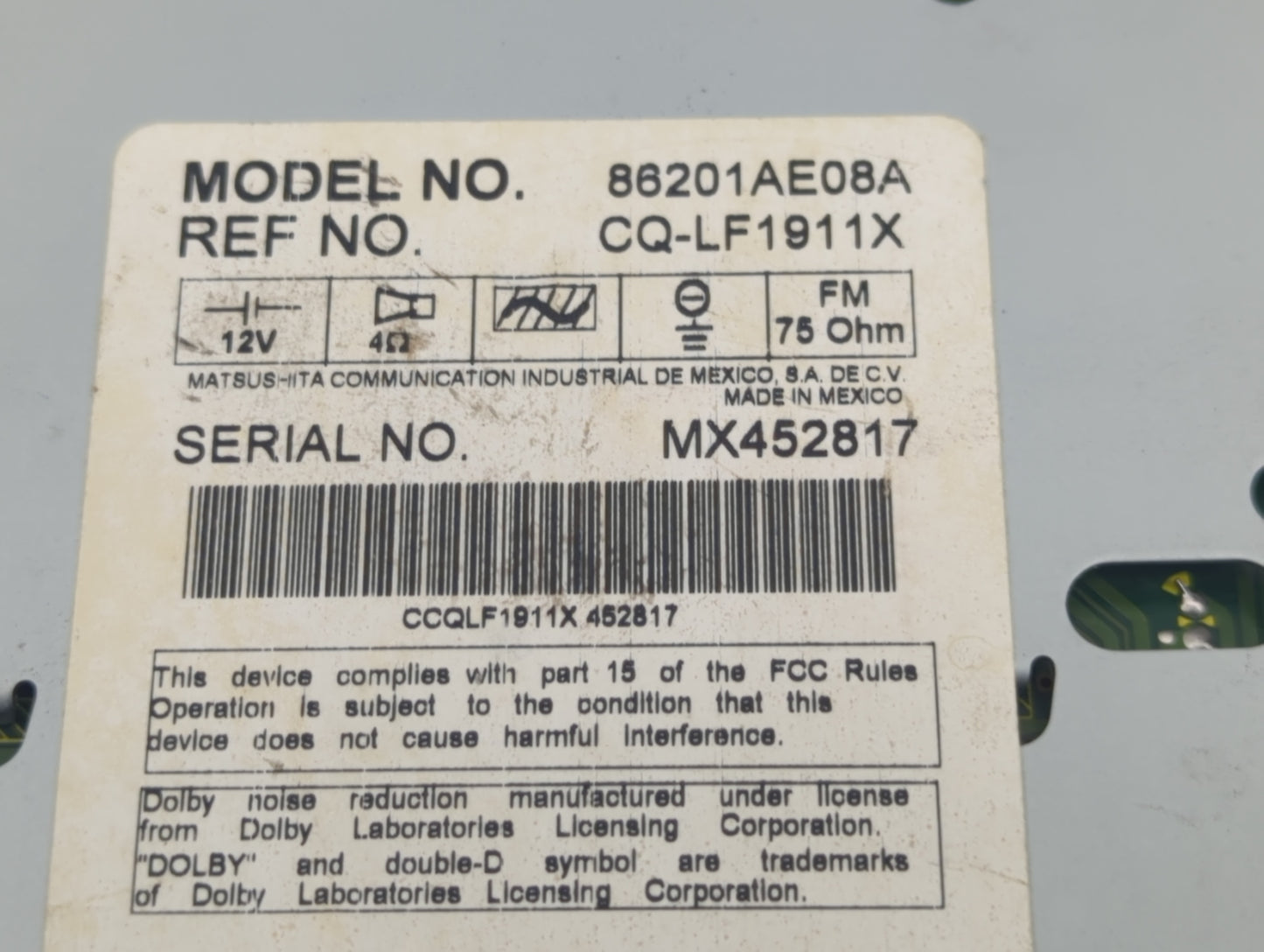 2000-2001 Subaru Legacy Radio AM FM Cd Player Receiver Replacement P/N:86201AE08A Fits Fits 2000 2001 OEM Used Auto Parts - 