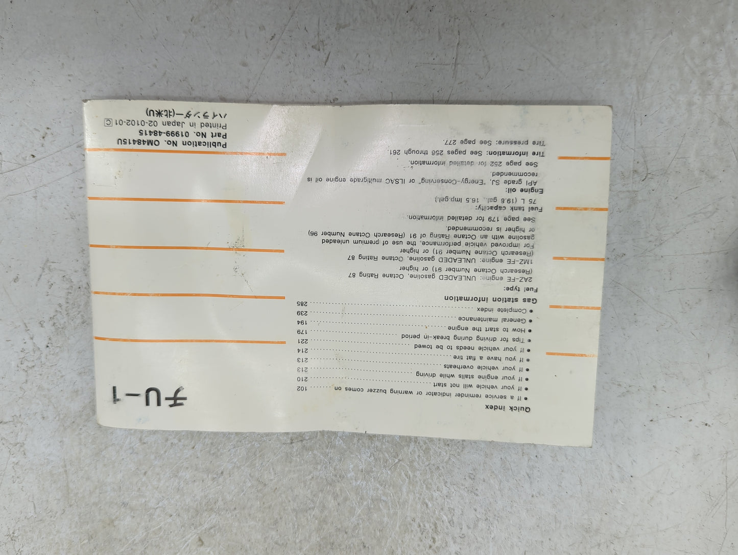 2001 Toyota Highlander Owners Manual Book Guide P/N:0M48415U 01999-48415 OEM Used Auto Parts - Oemusedautoparts1.com