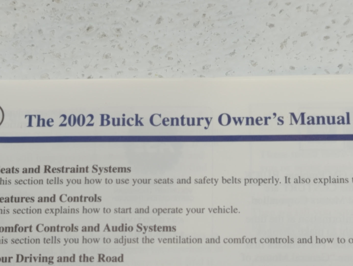 2002 Buick Century Owners Manual Book Guide OEM Used Auto Parts - Oemusedautoparts1.com