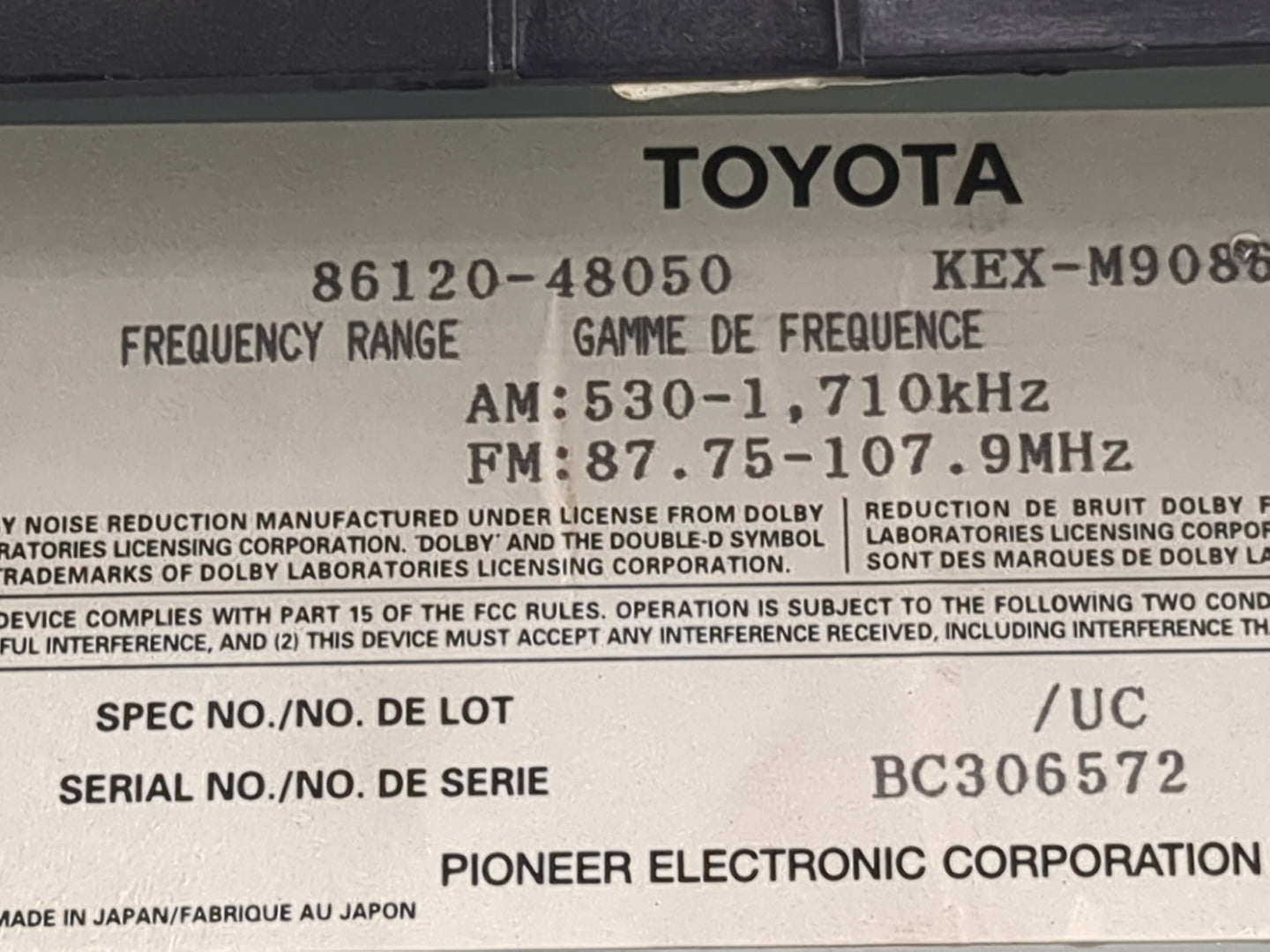 2002 Lexus Rx300 Radio AM FM Cd Player Receiver Replacement P/N:86120-48050 KEX-M9088, BC306572 Fits OEM Used Auto Parts - O