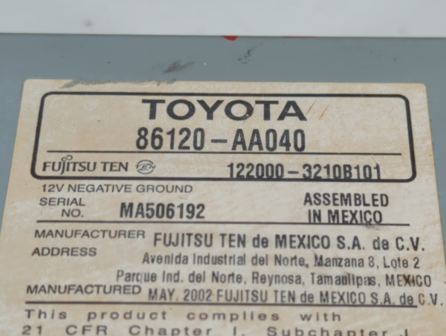 2002 Toyota Camry Radio AM FM Cd Player Receiver Replacement P/N:86120-AA040 Fits OEM Used Auto Parts - Oemusedautoparts1.co