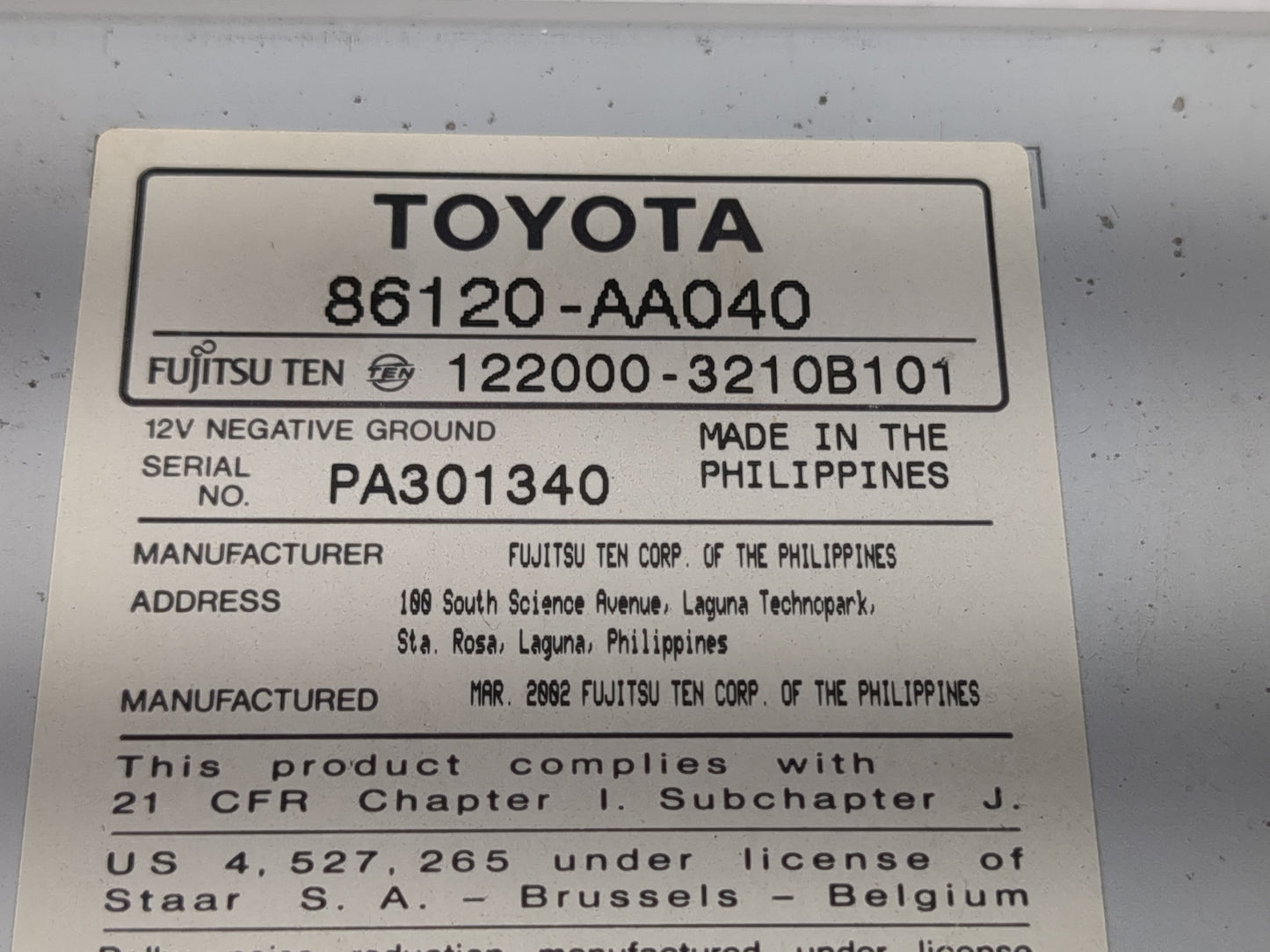 2002-2004 Toyota Camry Radio AM FM Cd Player Receiver Replacement P/N:86120-AA040 Fits Fits 2002 2003 2004 OEM Used Auto Par