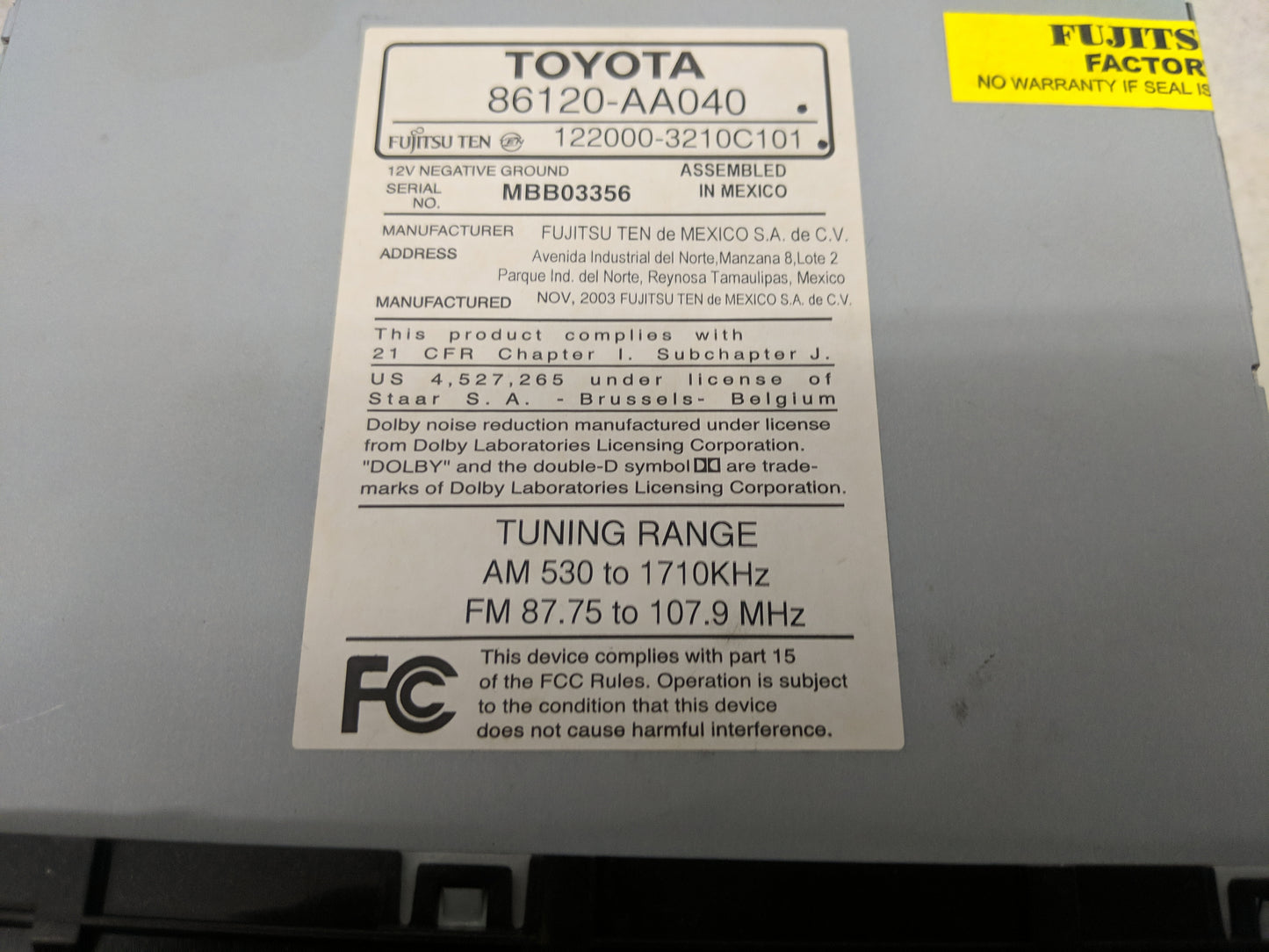 2002-2004 Toyota Camry Radio AM FM Cd Player Receiver Replacement P/N:86120-AA040 Fits Fits 2002 2003 2004 OEM Used Auto Par