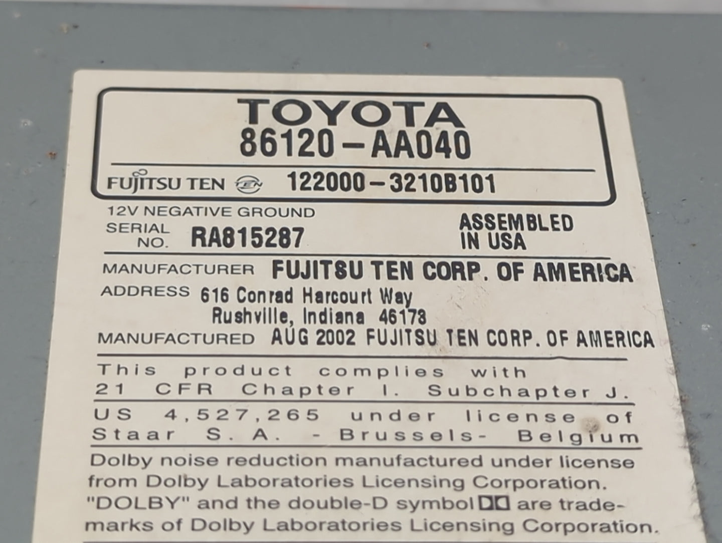 2002-2004 Toyota Camry Radio AM FM Cd Player Receiver Replacement P/N:86120-AA040 122000-3210B101 Fits Fits 2002 2003 2004 O
