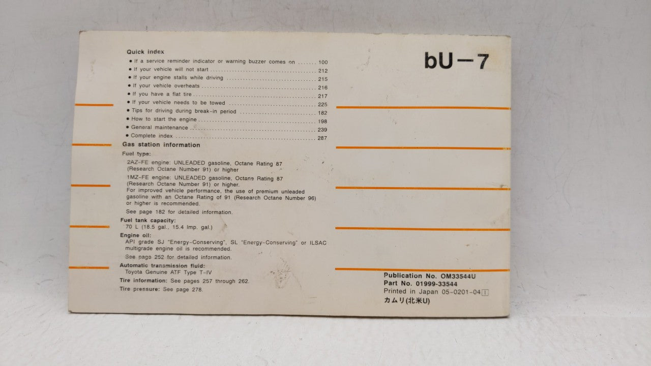 2002 Toyota Camry Owners Manual Book Guide OEM Used Auto Parts - Oemusedautoparts1.com