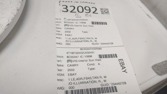 2002 Toyota Camry Sun Visor Shade Replacement Passenger Right Mirror Fits OEM Used Auto Parts - Oemusedautoparts1.com