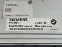 2003 Bmw 530i PCM Engine Control Computer ECU ECM PCU OEM P/N:7519308 5WK90015, DME MS43, 7525363 Fits OEM Used Auto Parts -