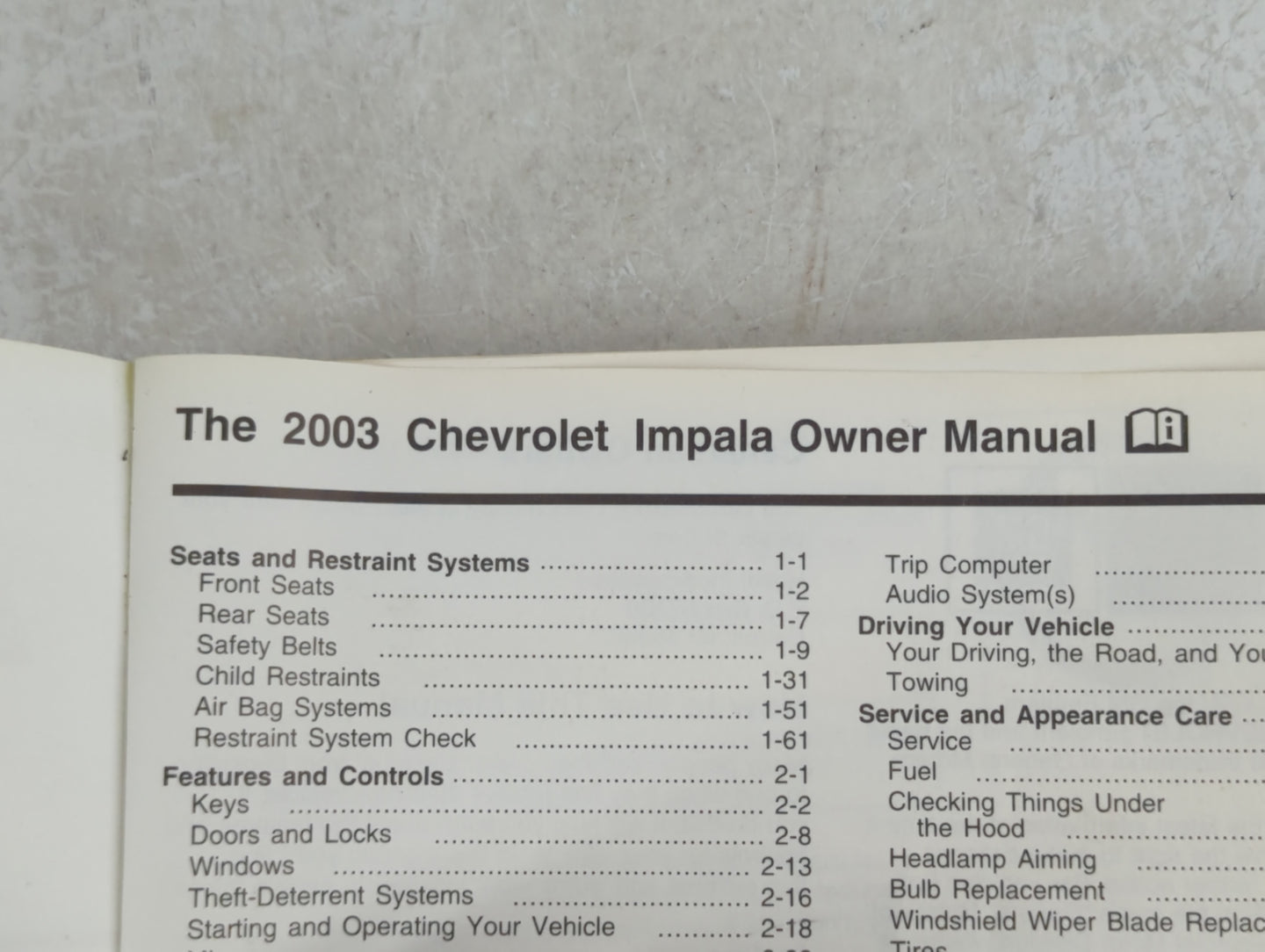 2003 Chevrolet Impala Owners Manual Book Guide P/N:10325249 A OEM Used Auto Parts - Oemusedautoparts1.com