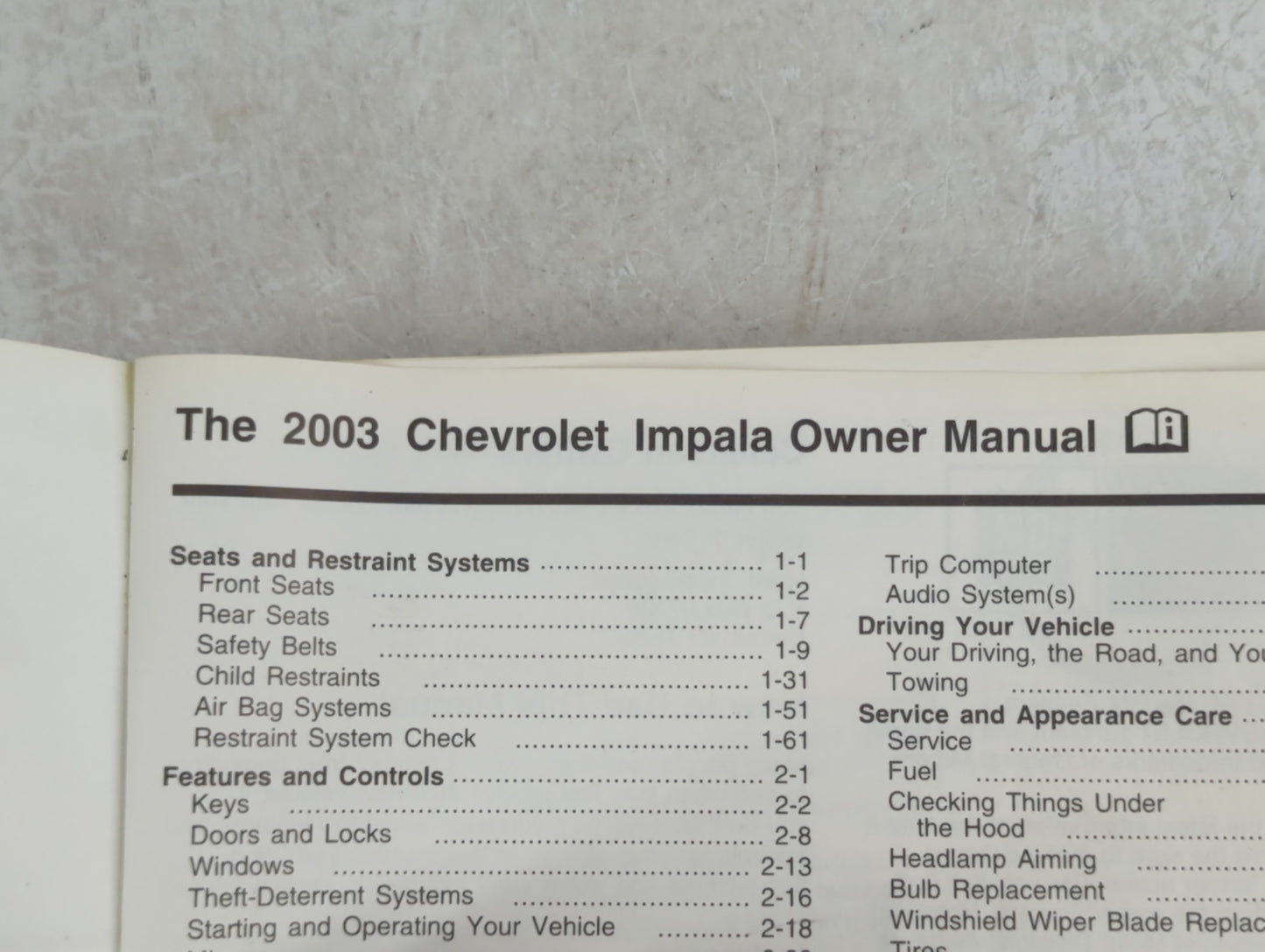 2003 Chevrolet Impala Owners Manual Book Guide P/N:10325249 A OEM Used Auto Parts - Oemusedautoparts1.com