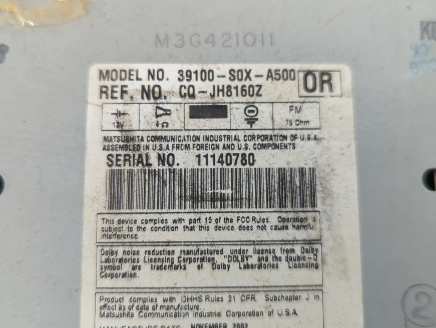 2003-2004 Honda Odyssey Radio AM FM Cd Player Receiver Replacement P/N:39100-S0X-A500 Fits Fits 2003 2004 OEM Used Auto Part