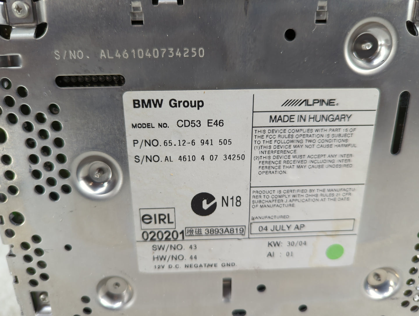 2004 Bmw 325ci Radio AM FM Cd Player Receiver Replacement P/N:CD53 E46 65.12-6 941 505 Fits Fits 2002 2003 2005 2006 OEM Use