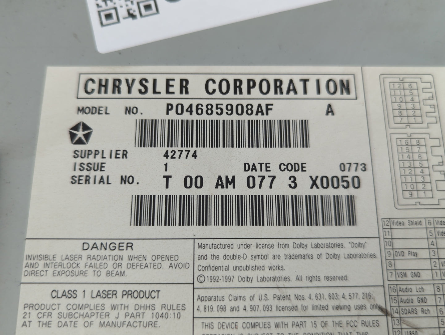 2004 Chrysler Pacifica Radio AM FM Cd Player Receiver Replacement P/N:P04685908AF Fits OEM Used Auto Parts - Oemusedautopart