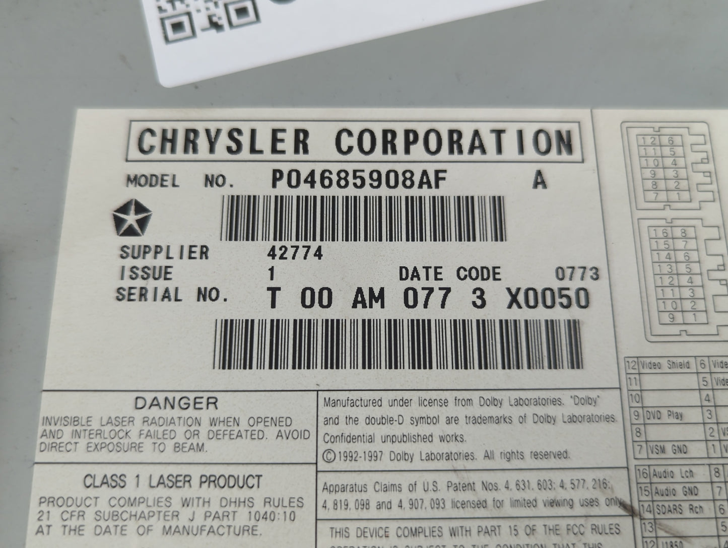 2004 Chrysler Pacifica Radio AM FM Cd Player Receiver Replacement P/N:P04685908AF Fits OEM Used Auto Parts - Oemusedautopart