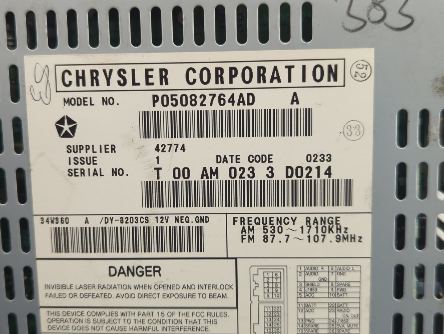 2004-2008 Chrysler Pacifica Radio AM FM Cd Player Receiver Replacement P/N:P05082764AD Fits Fits 2004 2005 2006 2007 2008 OE