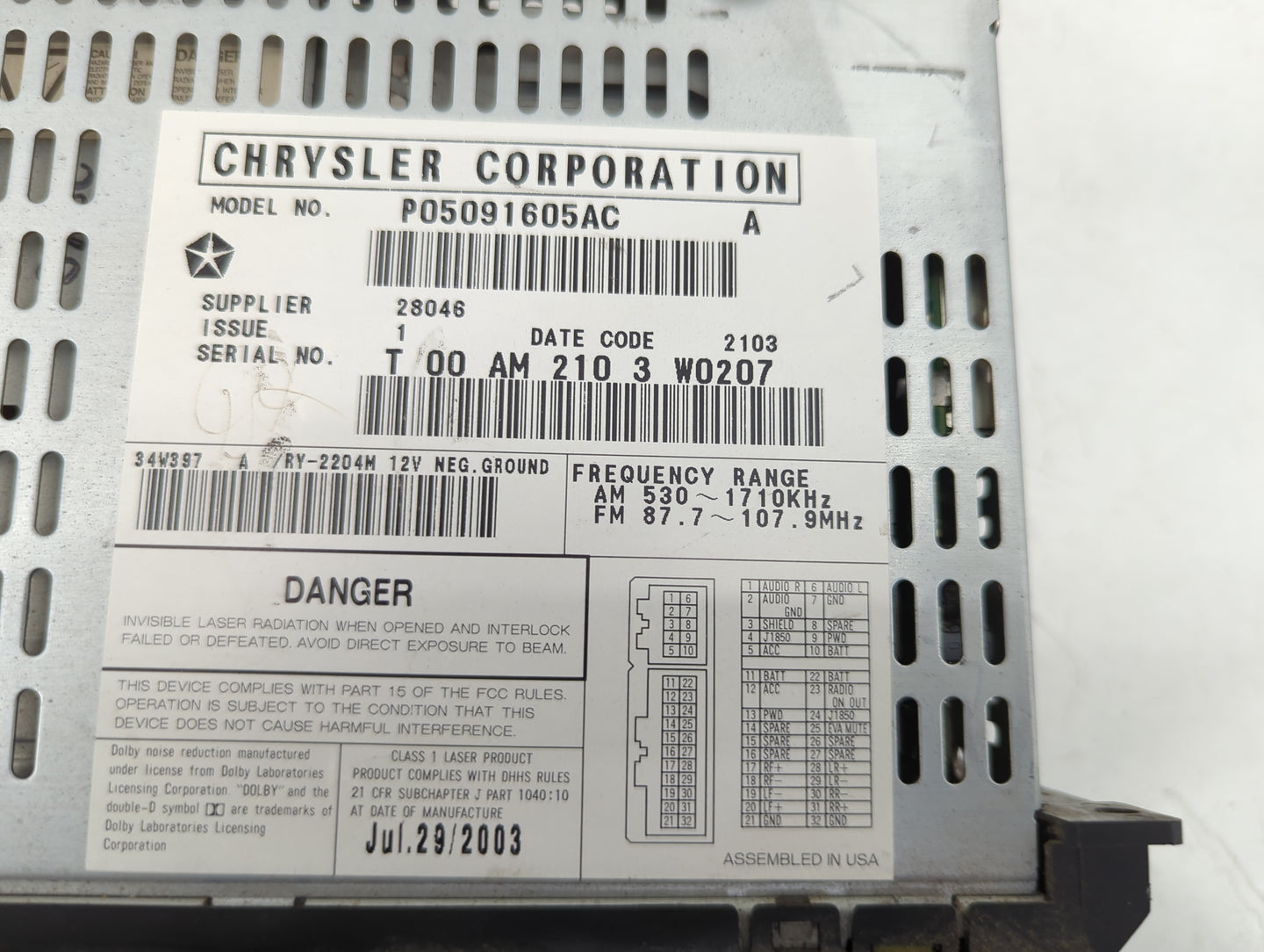 2002-2007 Dodge Caravan Radio AM FM Cd Player Receiver Replacement P/N:P05091605AC Fits Fits 2002 2003 2004 2005 2006 2007 O