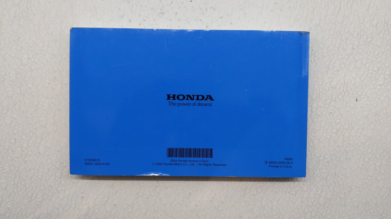 2004 Honda Accord Owners Manual Book Guide P/N:00X31-SDA-6100 OEM Used Auto Parts - Oemusedautoparts1.com