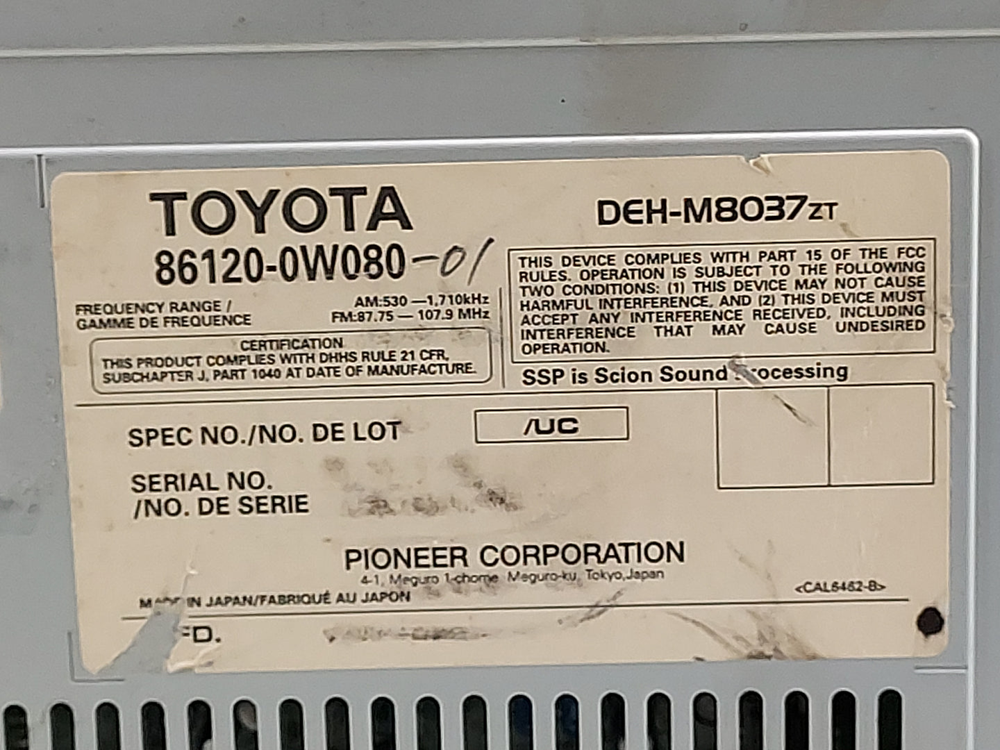 2004-2006 Scion Xa Radio AM FM Cd Player Receiver Replacement P/N:86120-0W080-01 DEH-M8037ZT Fits OEM Used Auto Parts - Oemu