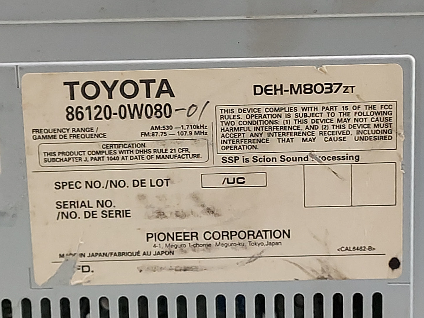 2004-2006 Scion Xa Radio AM FM Cd Player Receiver Replacement P/N:86120-0W080-01 DEH-M8037ZT Fits OEM Used Auto Parts - Oemu