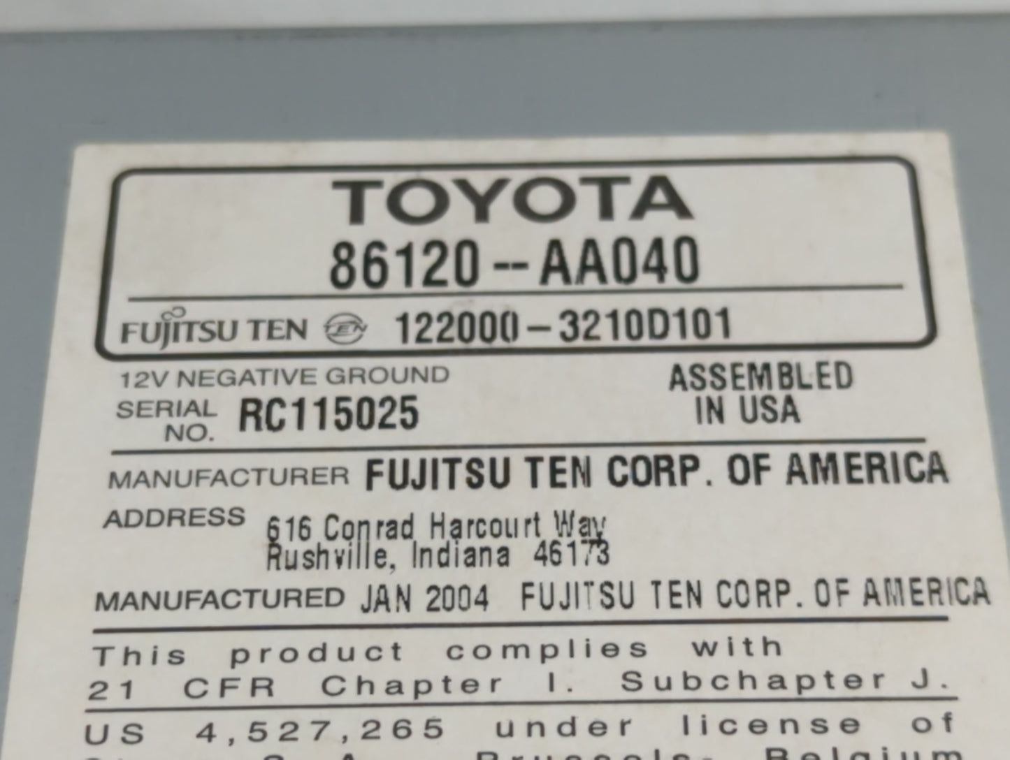 2002-2004 Toyota Camry Radio AM FM Cd Player Receiver Replacement P/N:86120-AA040 Fits Fits 2002 2003 2004 OEM Used Auto Par