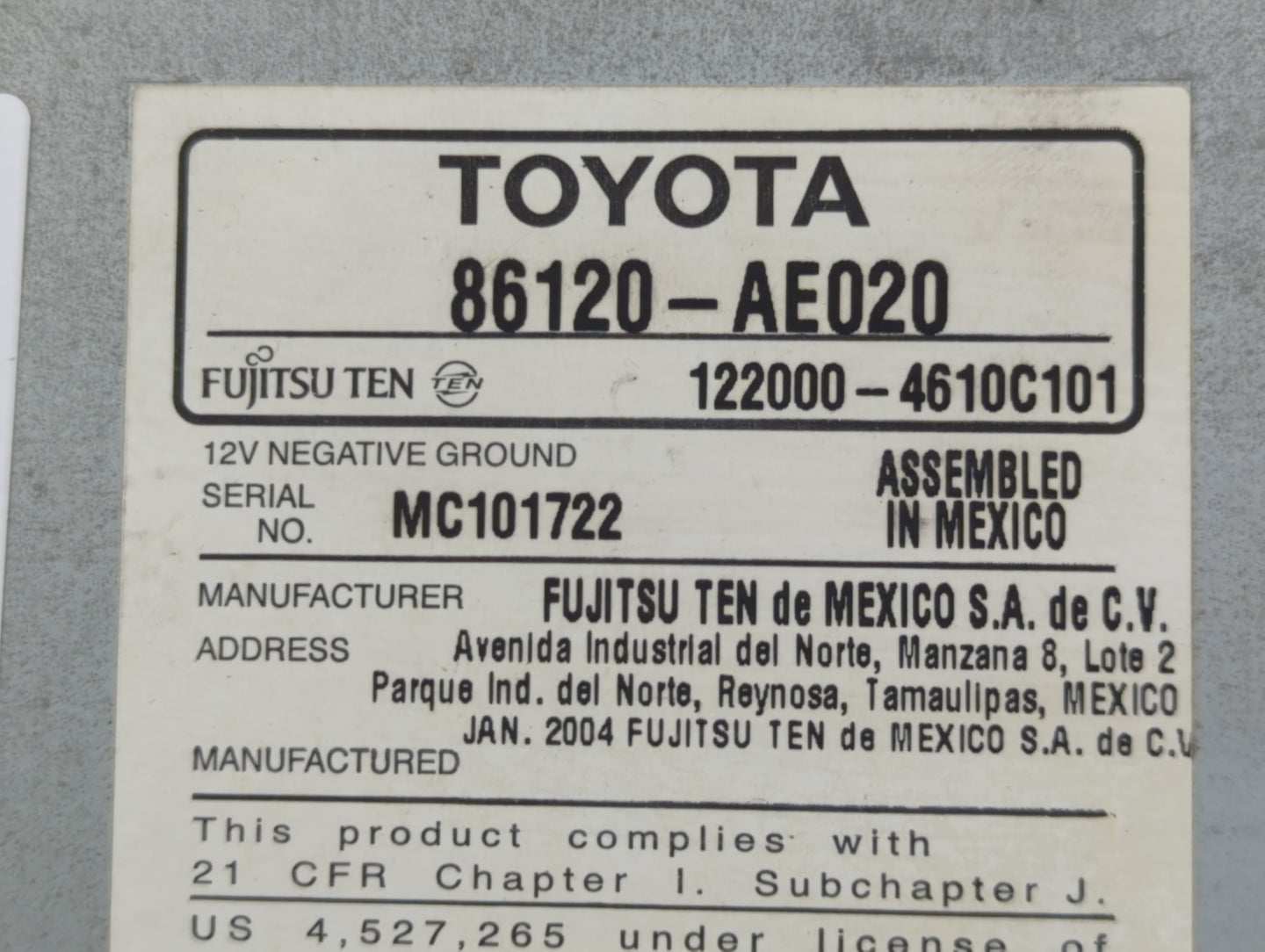 2004 Toyota Sienna Radio AM FM Cd Player Receiver Replacement P/N:86120-AE020 Fits OEM Used Auto Parts - Oemusedautoparts1.c