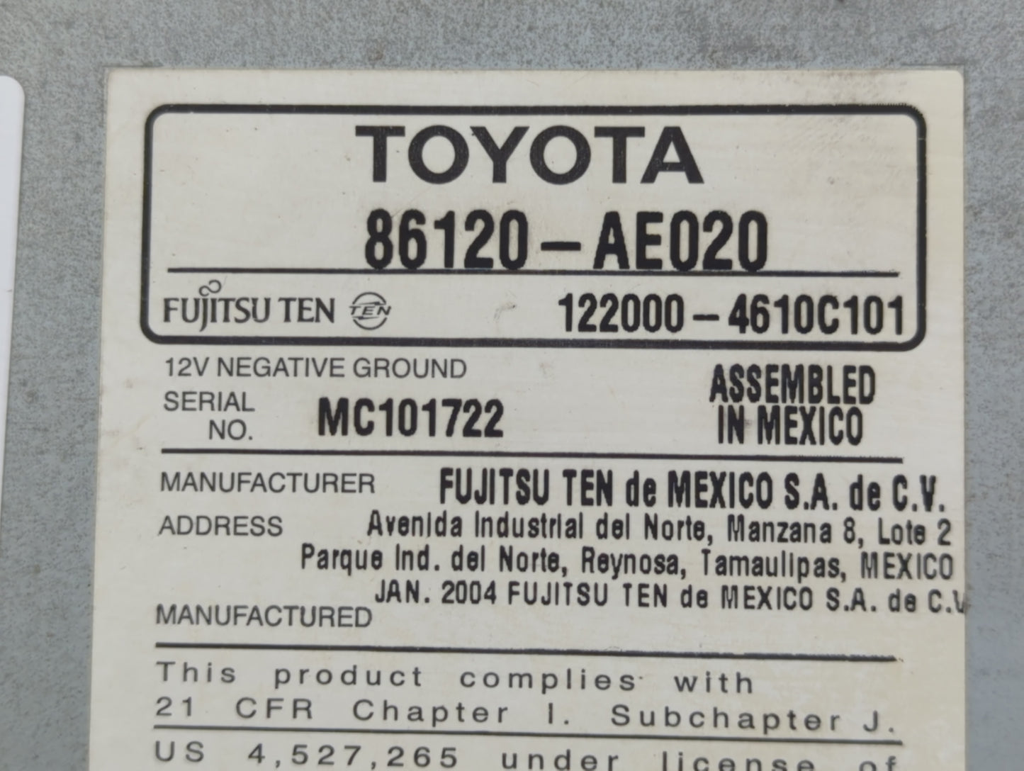 2004 Toyota Sienna Radio AM FM Cd Player Receiver Replacement P/N:86120-AE020 Fits OEM Used Auto Parts - Oemusedautoparts1.c
