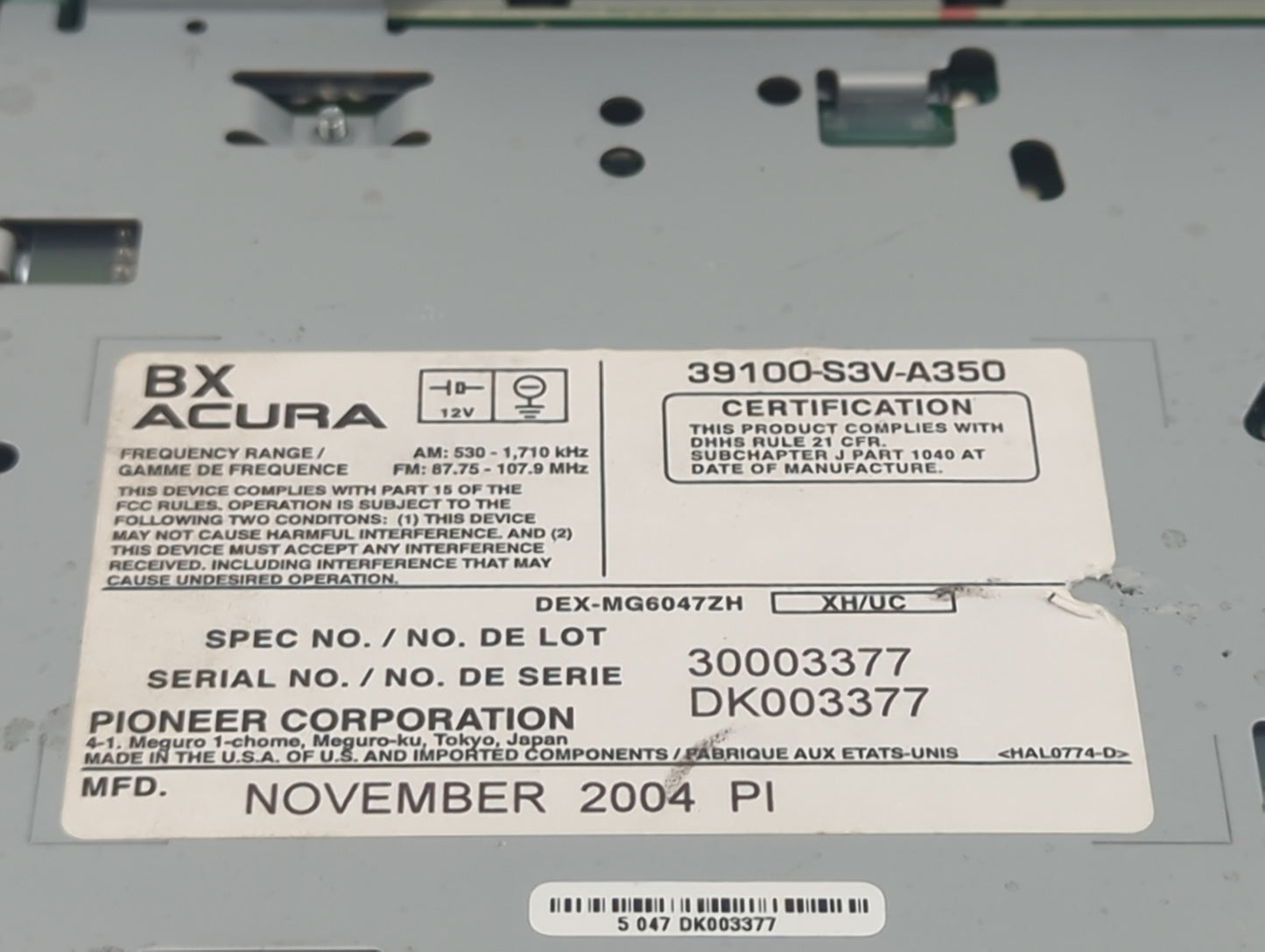 2005-2006 Acura Mdx Radio AM FM Cd Player Receiver Replacement P/N:39100-S3V-A350 DEX-MG6047ZH Fits Fits 2005 2006 OEM Used 