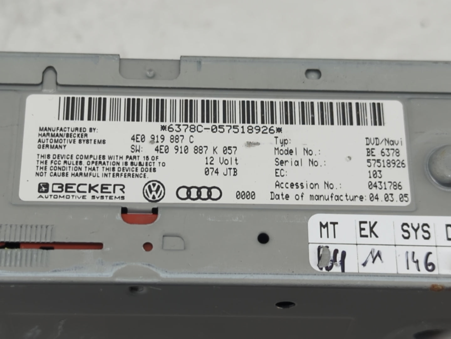2005 Audi A6 Radio AM FM Cd Player Receiver Replacement P/N:4E0 919 887 C 6378BK057516112 Fits OEM Used Auto Parts - Oemused