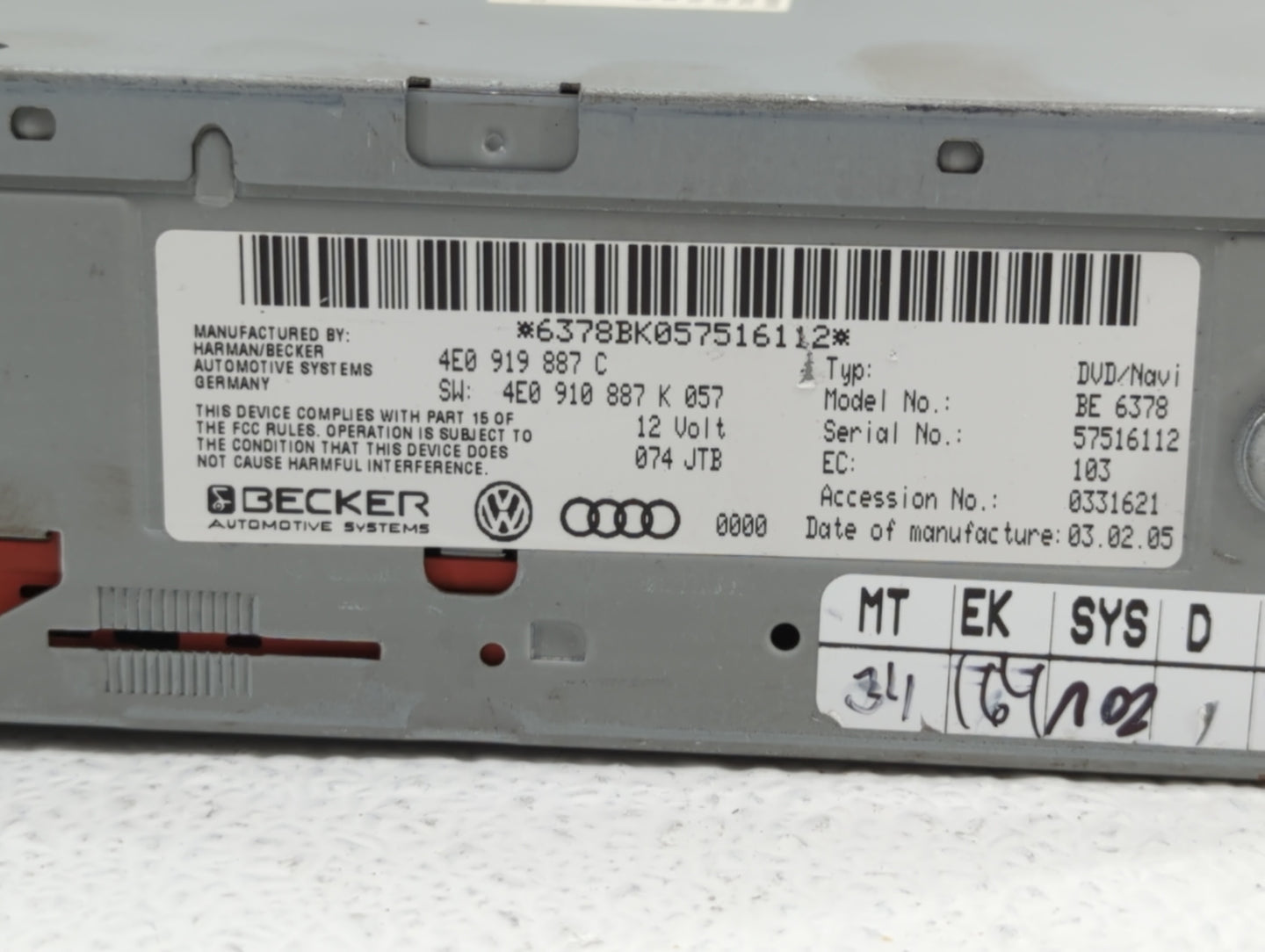 2005 Audi A6 Radio AM FM Cd Player Receiver Replacement P/N:6378BK057516112 Fits OEM Used Auto Parts - Oemusedautoparts1.com