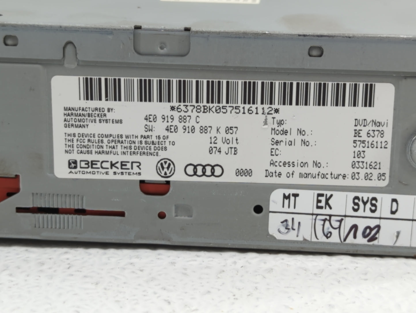 2005 Audi A6 Radio AM FM Cd Player Receiver Replacement P/N:6378BK057516112 Fits OEM Used Auto Parts - Oemusedautoparts1.com