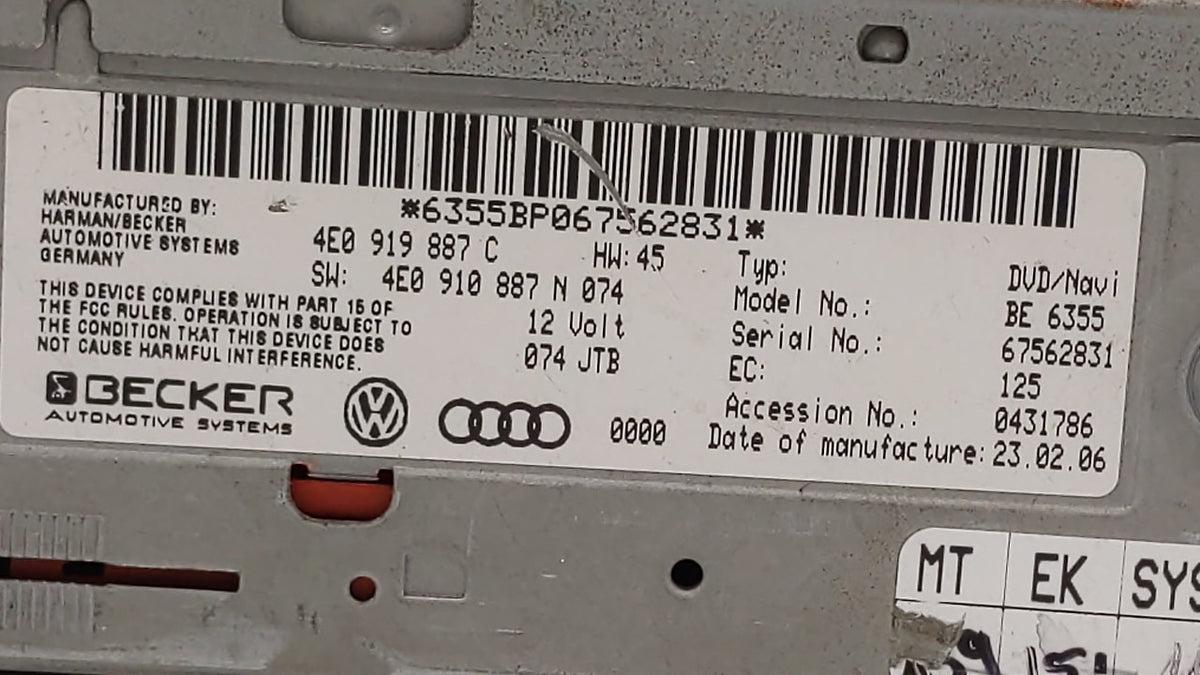 2005 Audi A6 Radio AM FM Cd Player Receiver Replacement P/N:4E0 919 887 C 6378BK057516112 OEM Used Auto Parts - Oemusedautop