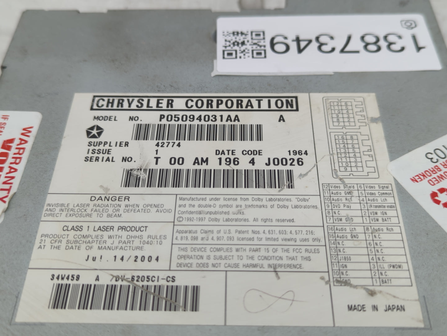 2005 Chrysler Pacifica Radio AM FM Cd Player Receiver Replacement P/N:05094031AA Fits OEM Used Auto Parts - Oemusedautoparts