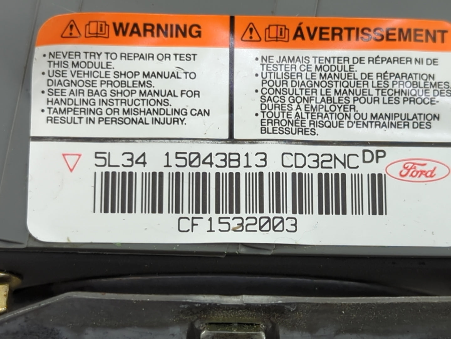 2005 Ford F-150 Air Bag Driver Left Steering Wheel Mounted P/N:5L34 15043B13 CD32NC 2IZD145S22506, 30376553A Fits OEM Used A