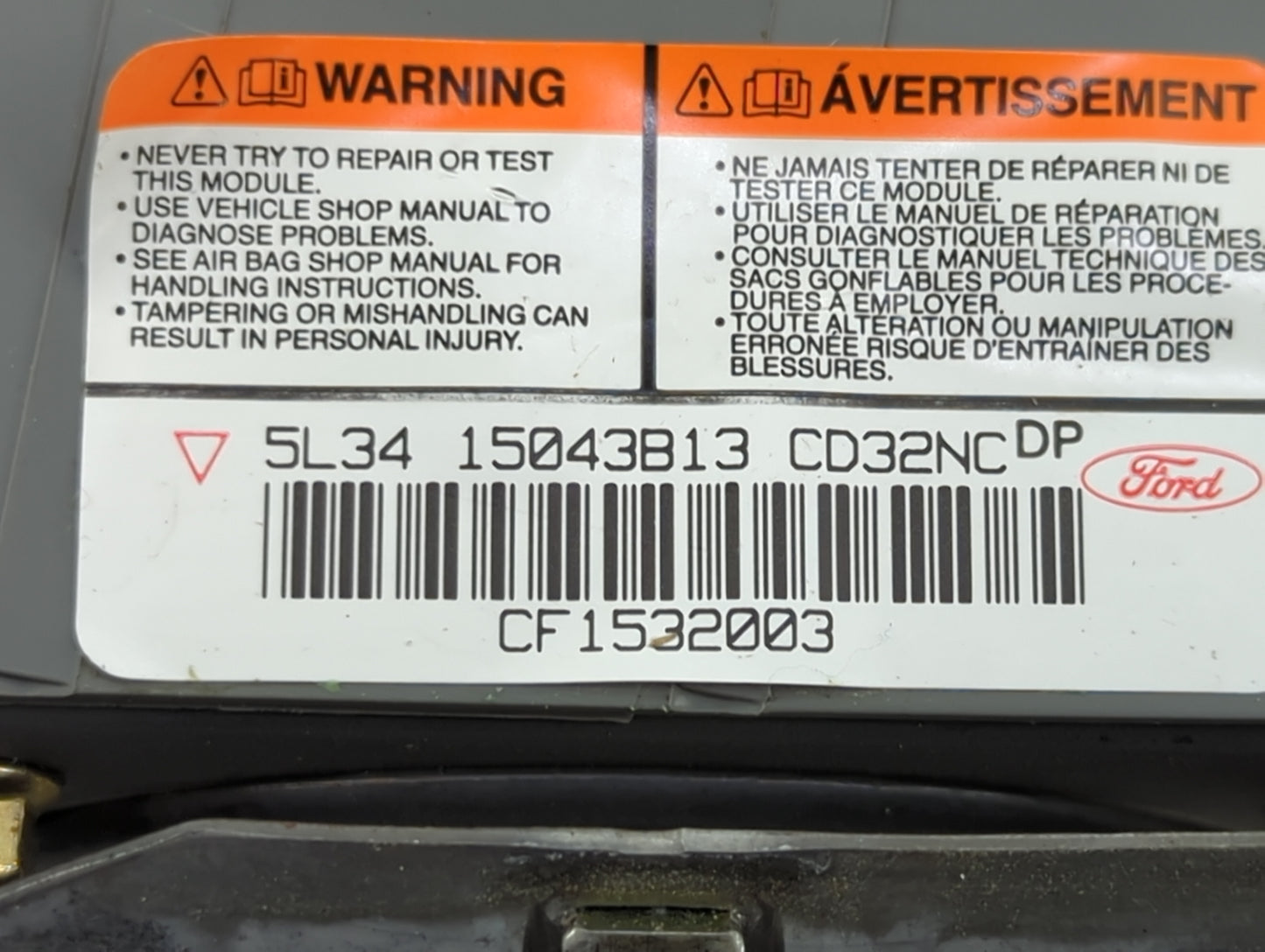 2005 Ford F-150 Air Bag Driver Left Steering Wheel Mounted P/N:5L34 15043B13 CD32NC 2IZD145S22506, 30376553A Fits OEM Used A