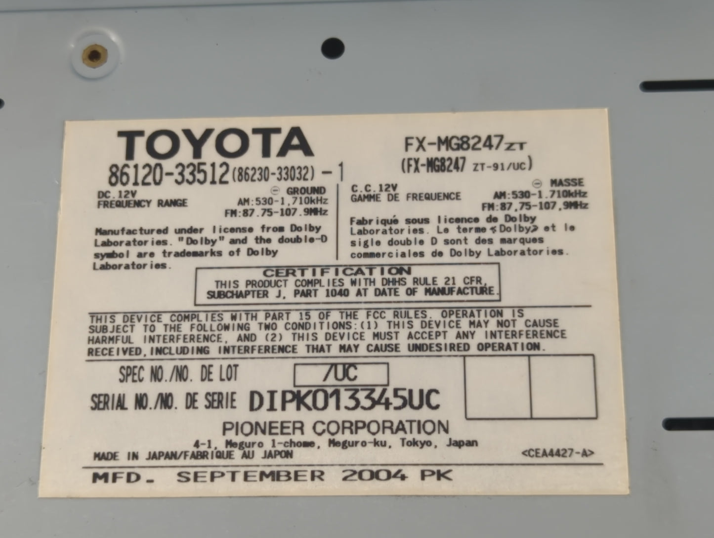 2005 Lexus Es350 Radio AM FM Cd Player Receiver Replacement P/N:86120-33512 Fits Fits 2004 2006 OEM Used Auto Parts - Oemuse