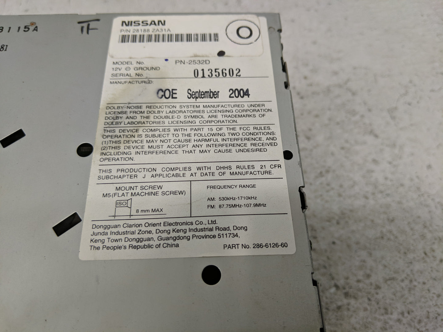 2005 Nissan Maxima Radio AM FM Cd Player Receiver Replacement P/N:286-6126-60 28188 ZA31A Fits OEM Used Auto Parts - Oemused