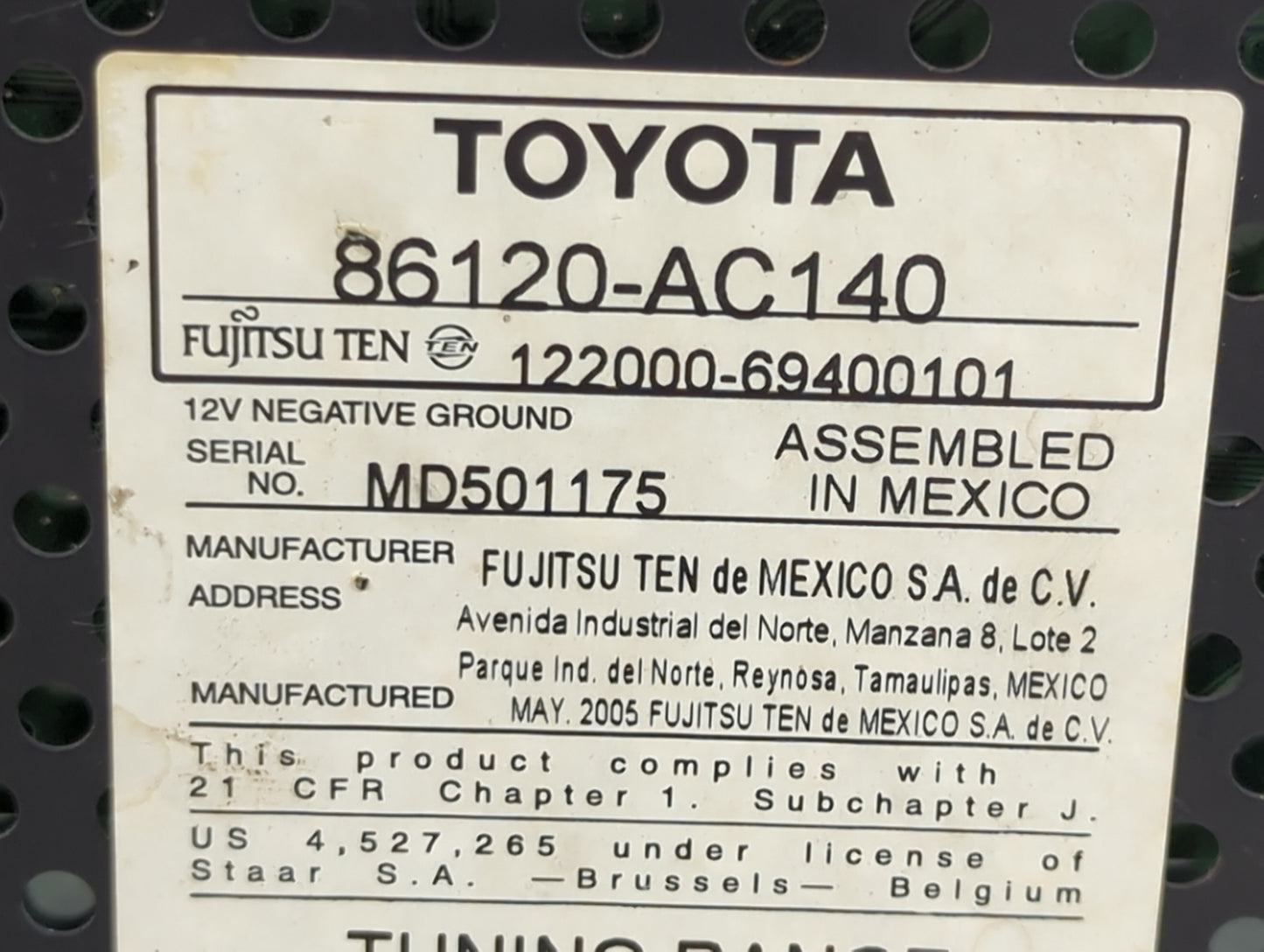 2005-2007 Toyota Avalon Radio AM FM Cd Player Receiver Replacement P/N:86120-AC140 122000-69400101 Fits Fits 2005 2006 2007 