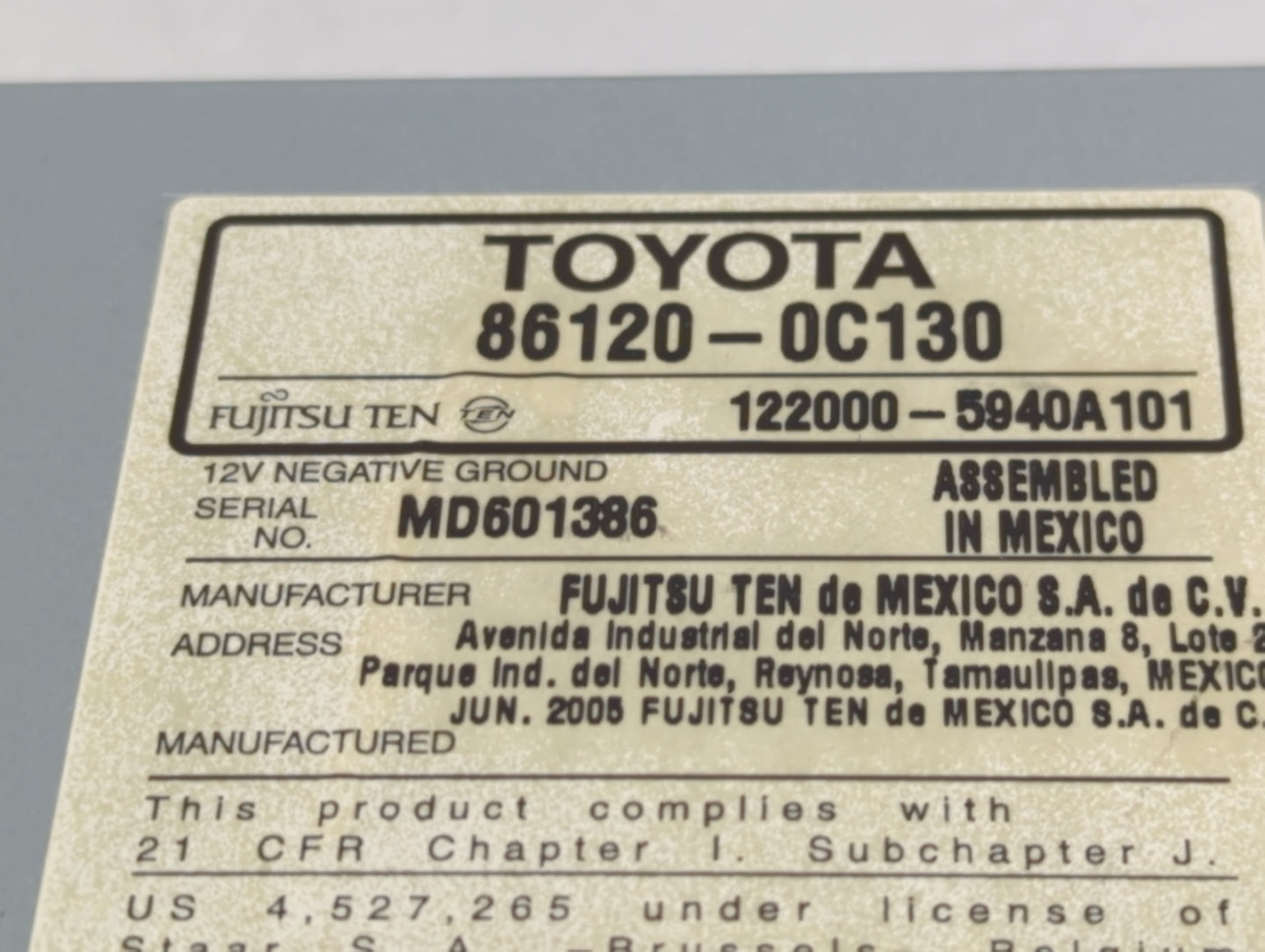 2005 Toyota Tundra Radio AM FM Cd Player Receiver Replacement P/N:122000-5940A101 86120-0C130 Fits OEM Used Auto Parts - Oem