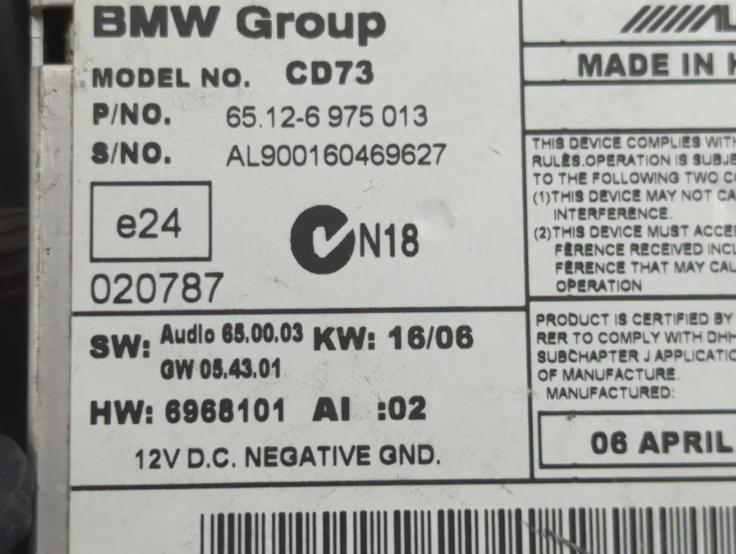 2006 Bmw 325i Radio AM FM Cd Player Receiver Replacement P/N:65.12-6 975 013 Fits OEM Used Auto Parts - Oemusedautoparts1.co