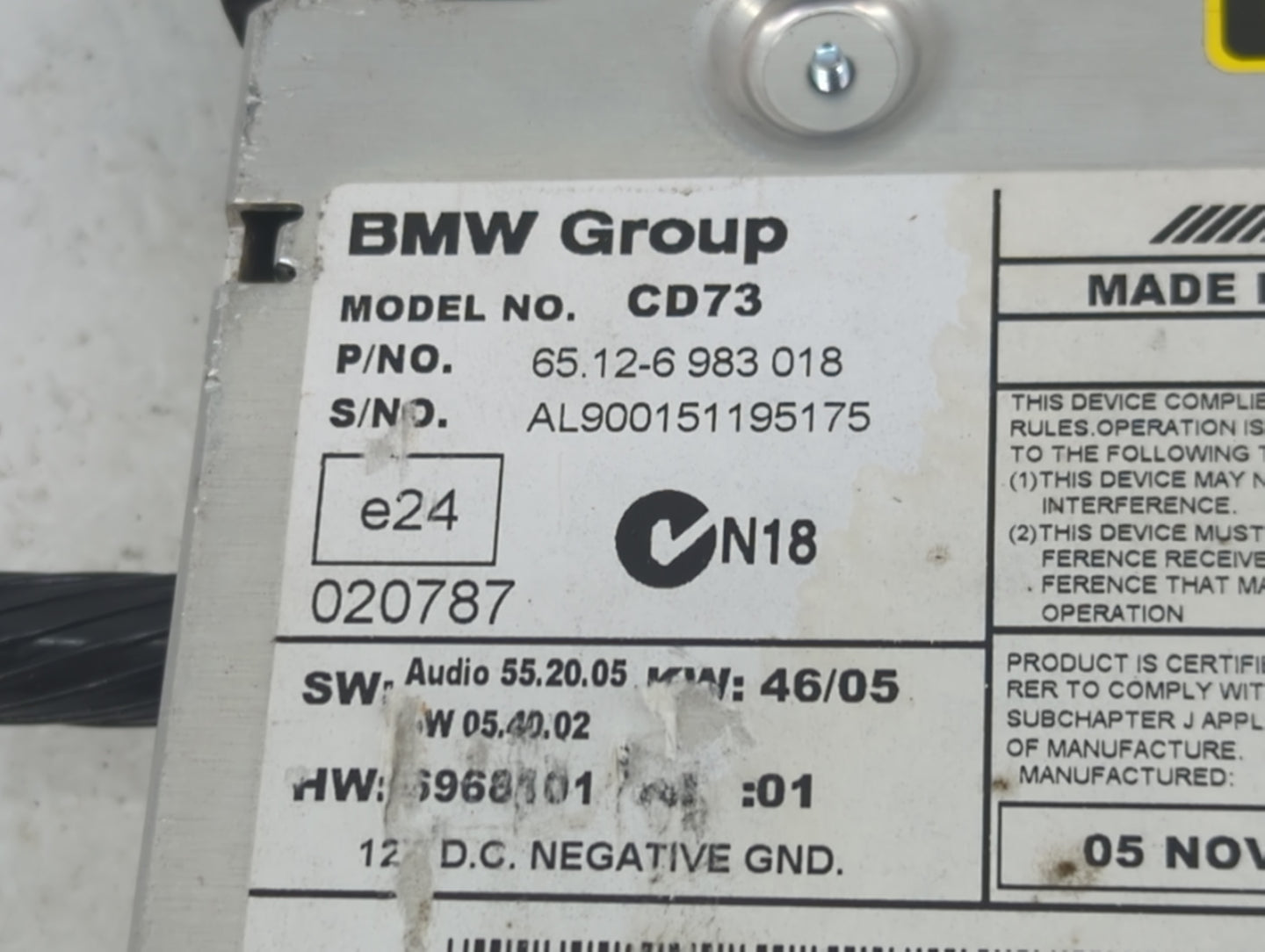 2006 Bmw 325i Radio AM FM Cd Player Receiver Replacement P/N:65126983018 CD73, AL900151195175 Fits OEM Used Auto Parts - Oem