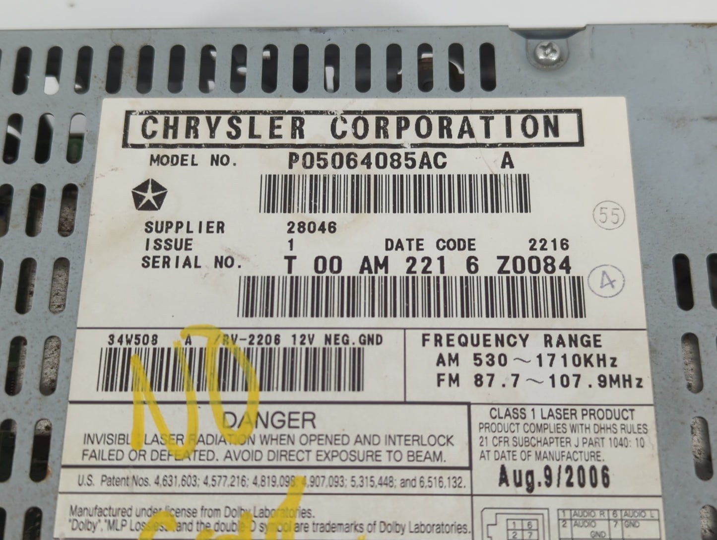 2004-2007 Dodge Caravan Radio AM FM Cd Player Receiver Replacement P/N:P05064085AC Fits Fits 2004 2005 2006 2007 OEM Used Au